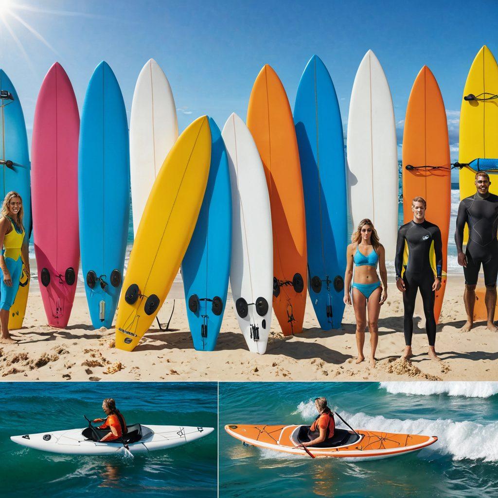A collage of water sports attire including wetsuits, swimwear, and accessories, displayed against a vibrant beach backdrop with splashing waves. Include a surfboard and kayak in the foreground, while a sun-kissed shoreline stretches into the background. Capture the excitement of water sports with dynamic poses of people enjoying various activities like surfing and paddleboarding. Bright colors and a sunny atmosphere enhance the lively scene. vivid colors. summer vibes. 3D.