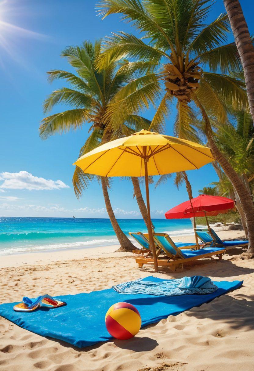 A vibrant beach scene showcasing colorful swimsuits and beachwear laid out on a sunny shoreline, with palm trees swaying in the background. Include joyful sunbathers, a beach ball, and surfboards to capture the holiday spirit. Bright blues of the ocean and sunny yellows create an inviting atmosphere. super-realistic. vibrant colors.